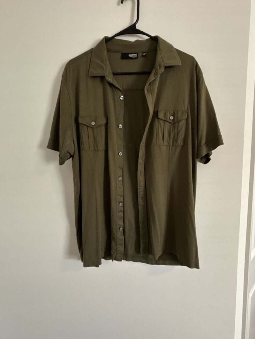 Murano Liquid Luxury Slim Fit Olive Green Short Sleeve Button Up Shirt Size XL
